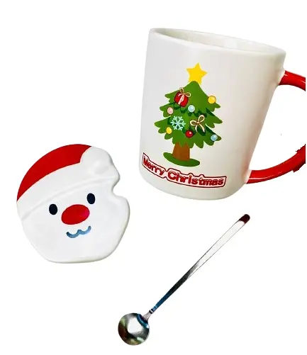 Новогодняя чашка Olens 102-1059-1 Новогодняя 2024 керамика с крышкой и ложкой 380 мл Белая - фото 2