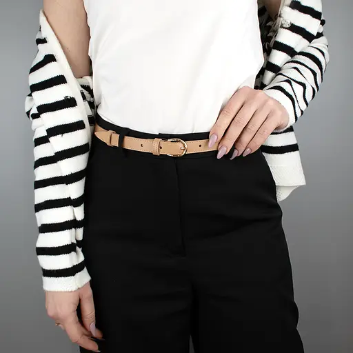 Ремень женский кожаный бежевый PS-2045 (115 см) под брюки с золотой пряжкой - фото 2