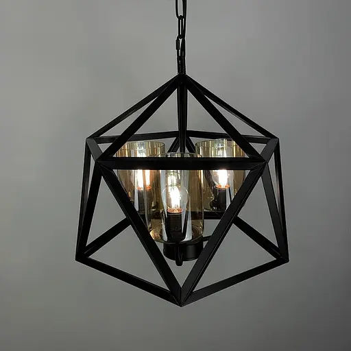 Люстра Лофт у чорному корпусі форми багатогранник із янтарними плафонами | Арт. 045/3 BK+AM | Line F - фото 2
