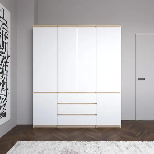 Шкаф со штангой и полками, комплект из 2 пеналов с полками и 1 шкаф со штангой с 3 шухлядами R9+R22-2 Дуб Сонома-Белый фасад