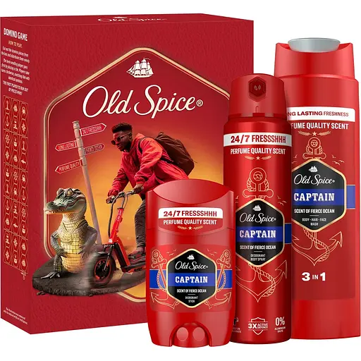 Уцінка. Подарунковий набір Old Spice Urban Traveller Captain: аерозольний дезодорант 150 мл + дезодорант-стік 50 мл + гель для душу 3-в-1, 250 мл + гра Доміно