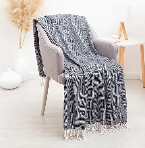 Плед бавовняний Vladi Валенсія Паркет 140х200 біло-темно-синій - фото 1