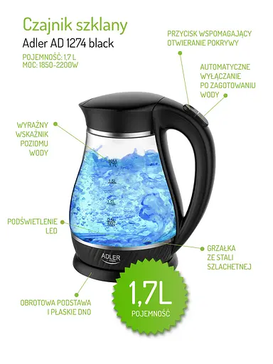 Электрочайник стеклянный Adler AD 1274 black 1,7 литр - фото 5