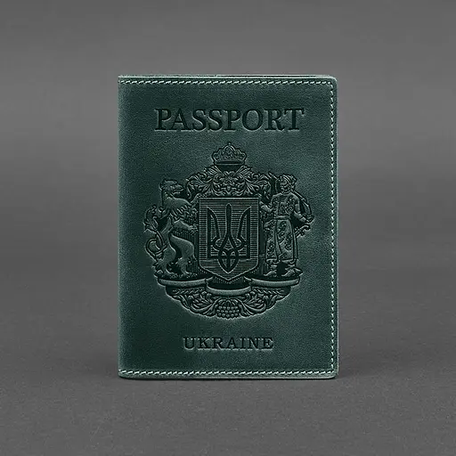 Шкіряна обкладинка для паспорта з українським гербом зелена - фото 7
