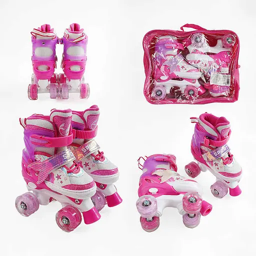 Ролики, розмір 34-38, рожевий, PU колеса, світяться, діаметр коліс 4.5 см, у сумці