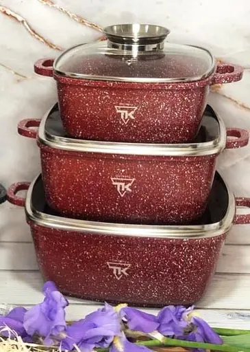 Набор квадратных кастрюль Top Kitchen TK00025 с мраморным покрытием 6 предметов Красный - фото 3