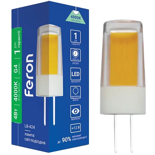 Лампа свiтлодiодна Feron LB-424  AC/DC12V  4W COB G4 4000K (1640)