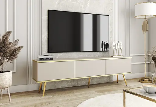 Тумба під телевізор Perfect Home Оро / Oro 3-дверна з золотими ніжками RTV175 Бежевий (PFH-091318)
