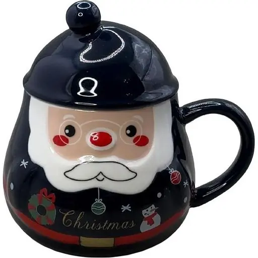 Новорічна кружка Olens Різдвяний помпон з кришкою керамічна 350 мл Синя - фото 1