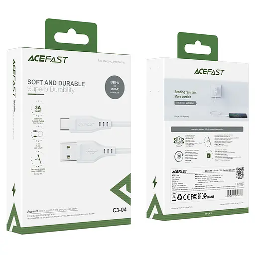 Кабель ACEFAST C3-04 USB to Type-C 3A, 1.2m, TPE, TPE connectors, White - фото 2