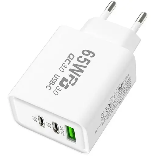 Зарядний пристрій ILEPO 65W швидка зарядка для телефону / планшета 1 USB + 2 Type-C White (19021)