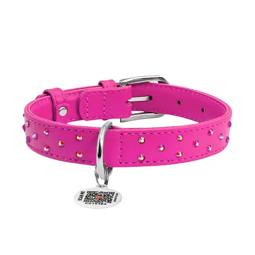 Ошейник для собак кожаный Waudog Glamour с QR-паспортом с клеевыми стразами Ш 20 мм Д 30-39 см розовый - фото 3