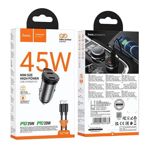 Автомобильное зарядное устройство Hoco NZ16B 2 Type-C PD 45W metal grey + кабель Type-C to Lightning - фото 8
