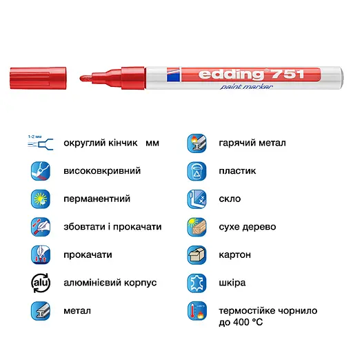 Маркер Edding Paint e-751 1-2 мм круглий червоний (e-751/02) - фото 4
