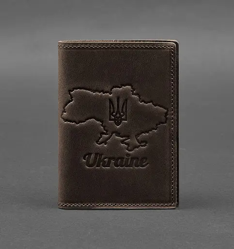 Кожаная обложка для паспорта с картой Украины темно-коричневый Crazy Horse - фото 1