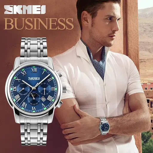 Наручные классические часы Skmei 9121 серебристые с синим циферблатом - фото 9