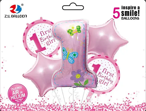 Набор фольгированных шаров First Birthday-Girl, 5 шт. (1 шт. 80 см + 4 шт. 45 см)