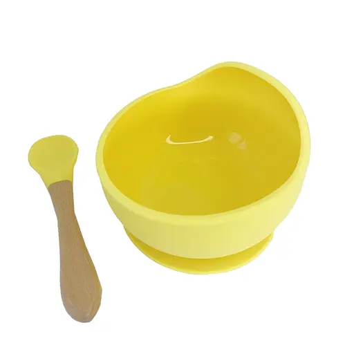 Силиконовая тарелка на присоске с деревянной ложкой MGZ-0103(Yellow) 300 мл