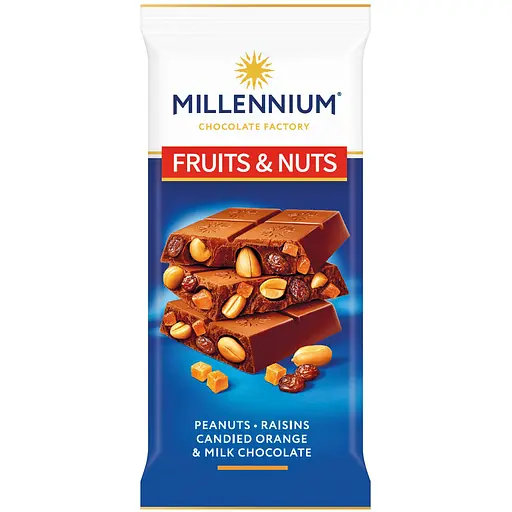 Шоколад Millennium Fruits&Nuts молочный с арахисом, цукатами, изюмом и миндалем 90г - фото 1