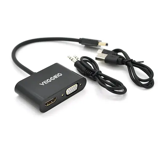 Конвертер VEGGIEG H-V1B HDMI (тато) на VGA (мама) + HDMI (мама), 25cm, Black, Пакет