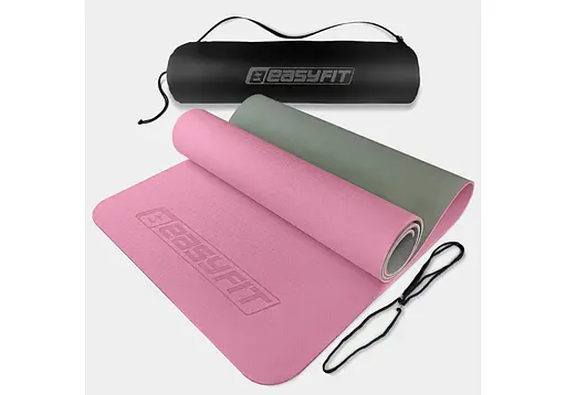 Коврик для йоги и фитнеса EasyFit TPE+TC 6 мм двухслойный розово-серый + чехол (EF-1924s-PKGY) - фото 1
