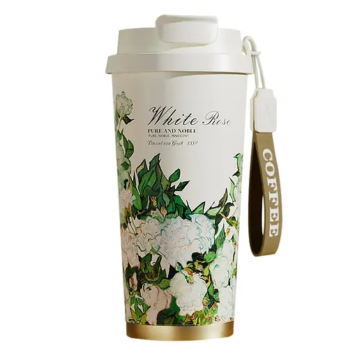 Термочашка Yiwu 520 мл с трубочкой и двойным открыванием белый для кофе и чая термос для напитков HP-FM-352-4 - фото 1