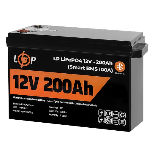 Акумулятор LP LiFePO4 12V (12,8V) - 200 Ah (2560Wh) (Smart BMS 100А) з BT пластик для ДБЖ - фото 3