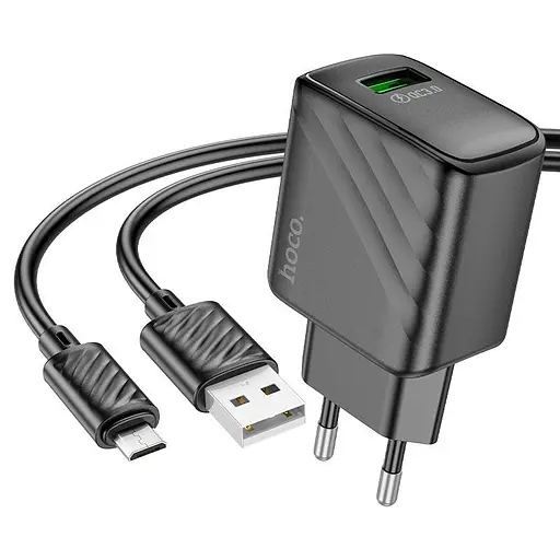 Мережевий зарядний пристрій з кабелем Hoco CS21A Rich single port QC3. 0 charger set(Micro)(EU) чорний - фото 1