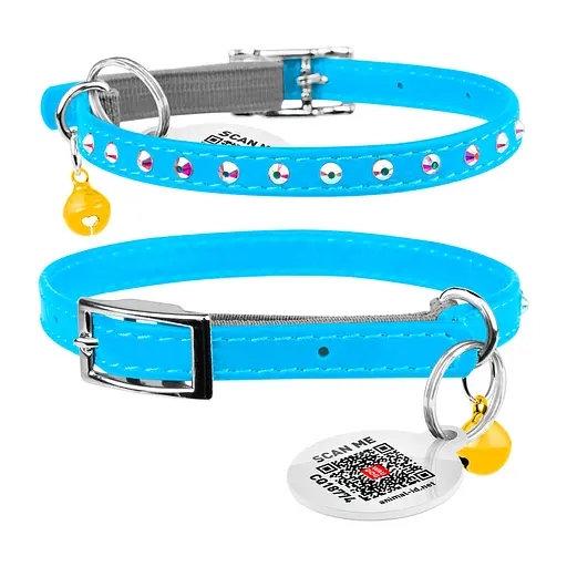 Ошейник Waudog Glamour с резинкой клеевыми стразами для кошек (ширина 9мм длина 22-30см) голубой