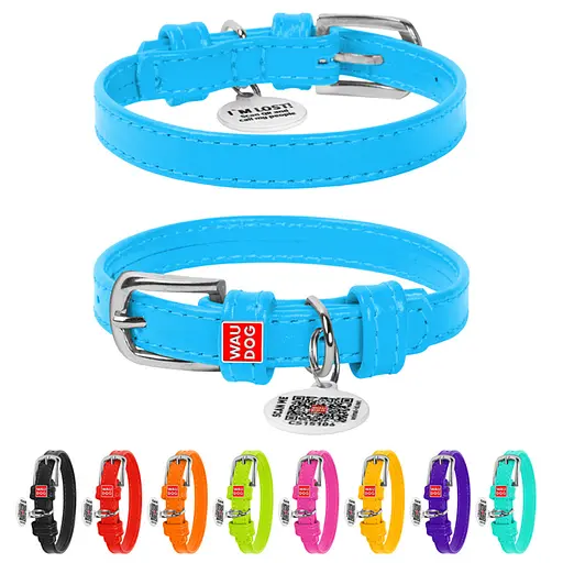 Ошейник для собак кожаный Waudog Glamour с QR-паспортом без украшений XS Ш 12 мм Д 21-29 см голубой - фото 2