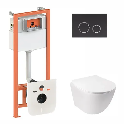 Набор Qtap инсталляция 3 в 1 Nest QT0133M425 с панелью смыва круглой QT0111M11V1146MB + унитаз с сиденьем Jay QT07335176W, Белый - фото 1