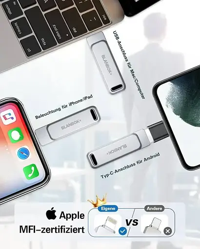 Флеш-накопичувач 3-в-1 MFi для iPhone / iPad / Android / ПК Lightning + USB + Type-C, 128 ГБ, металевий корпус - фото 3