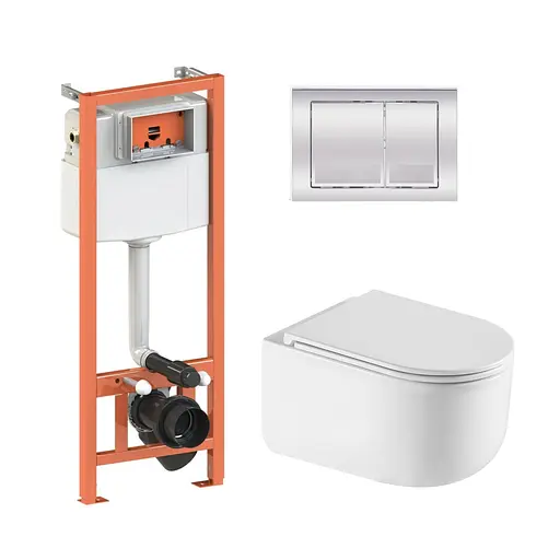 Подвесной унитаз Qtap Taurus Ultra Quiet + инсталляция Qtap Nest 4 в 1 (квадратная клавиша Chrome), Белый - фото 1