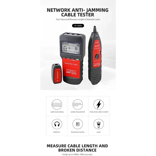 Кабельний тестер Noyafa NF-8200 для RJ45 RJ11 багатофункціональний трасошукач вимірювач відстаней (18890) - фото 3