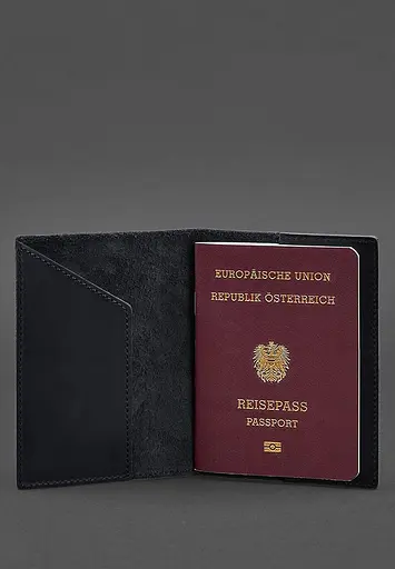 Кожаная обложка для паспорта с австрийским гербом темно-синяя Crazy Horse - фото 3