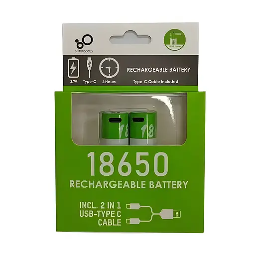 Комплект 2 шт. акумуляторні батареї Smartoools 18650 3.7V 2000Mah з зарядкою Type-C (Зелений)

