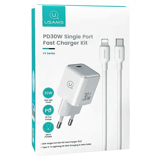МЗП Usams US-CC186 PD30W (1USB-C) + кабель Type-C to Lightning White - фото 5