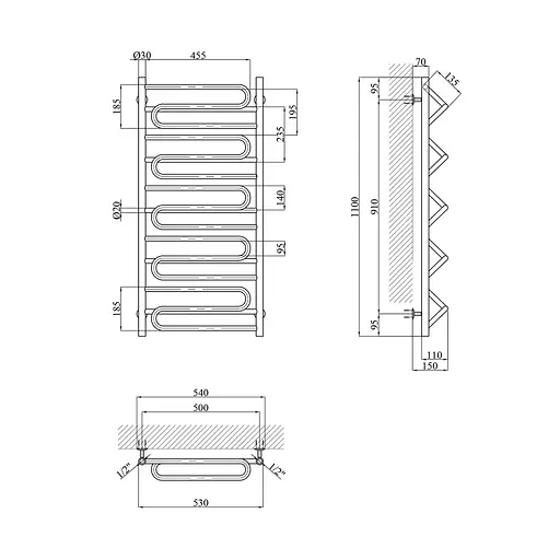 Полотенцесушитель водяной Kroner Иллюзия ДИ07 1100x530 CV023864, Хром, нижнее - фото 2