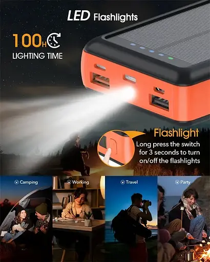 Зарядний пристрій на сонячних батареях Powerbank 619S 20000mAh із ліхтариком та швидкою зарядкою - фото 6