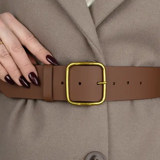 Ремень женский широкий кожаный JK-5070 коричневый с золотой пряжкой (125 см) - фото 6