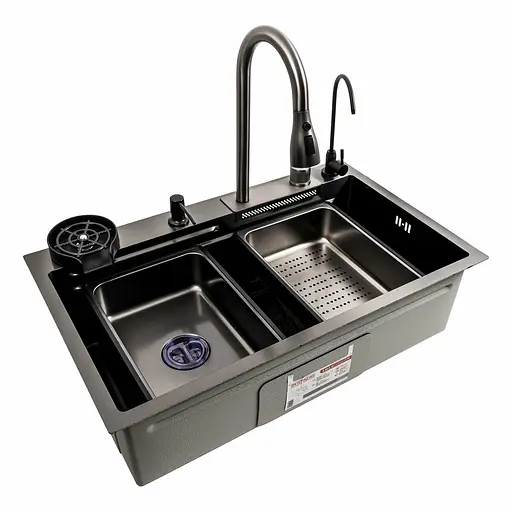 Кухонна мийка чорна PVD 75x46F Platinum Handmade Водоспад Fly rain, Чорний - фото 3