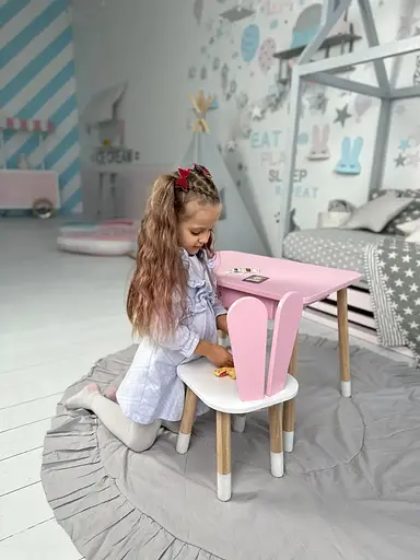 Дитячий столик зі стільцем Зайчик та ящиком для олівців та розмальовок (Рожевий) - фото 6
