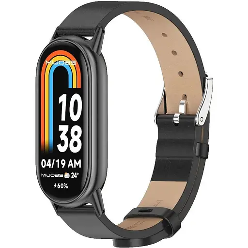 Кожаный ремешок MiJobs для фитнес-браслета Xiaomi Mi Band 8 и 9 Type B черный, держатель - черный