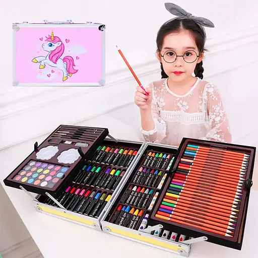 Набор для рисования и творчества детский в алюминиевом чемодане Единорог 145 предметов для юного художника Розовый - фото 3