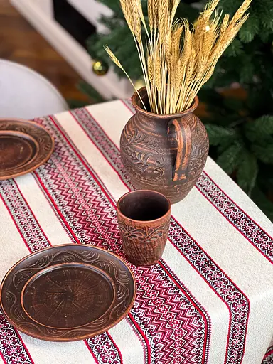 Лляна скатертина різдвяна з українським орнаментом "Рандеву червоний" - 150х110 см - фото 16