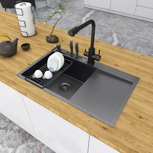 Кухонна мийка чорна з правим крилом нержавіюча сталь 1.5 мм Nett NB-7848(R), Чорний - фото 6