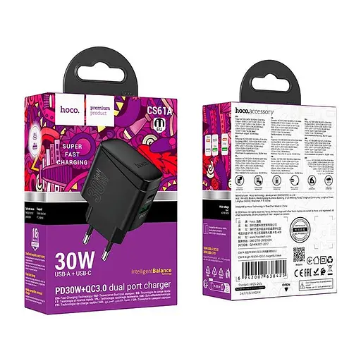 Адаптер сетевой Hoco Bright charger CS61A | 1USB/1Type-C, 30W/3A| - фото 2