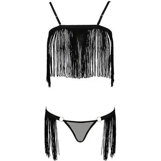 Комплект білизни Passion Exclusive KASSANDRA SET OpenBra Black L/XL: ліф з бахромою, трусики-спідн - фото 5
