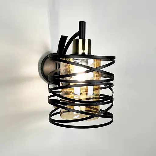 Чорне металеве бра Лофт у корпусі 25х16 см з янтарним плафоном Line F Арт. 8190/1W BK+AM - фото 4