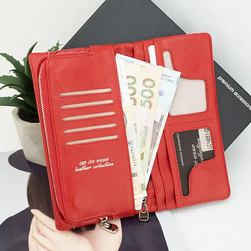 Гаманець жіночий шкіряний De Esse LC14091-GD02 на магнітах великий червоний - фото 3